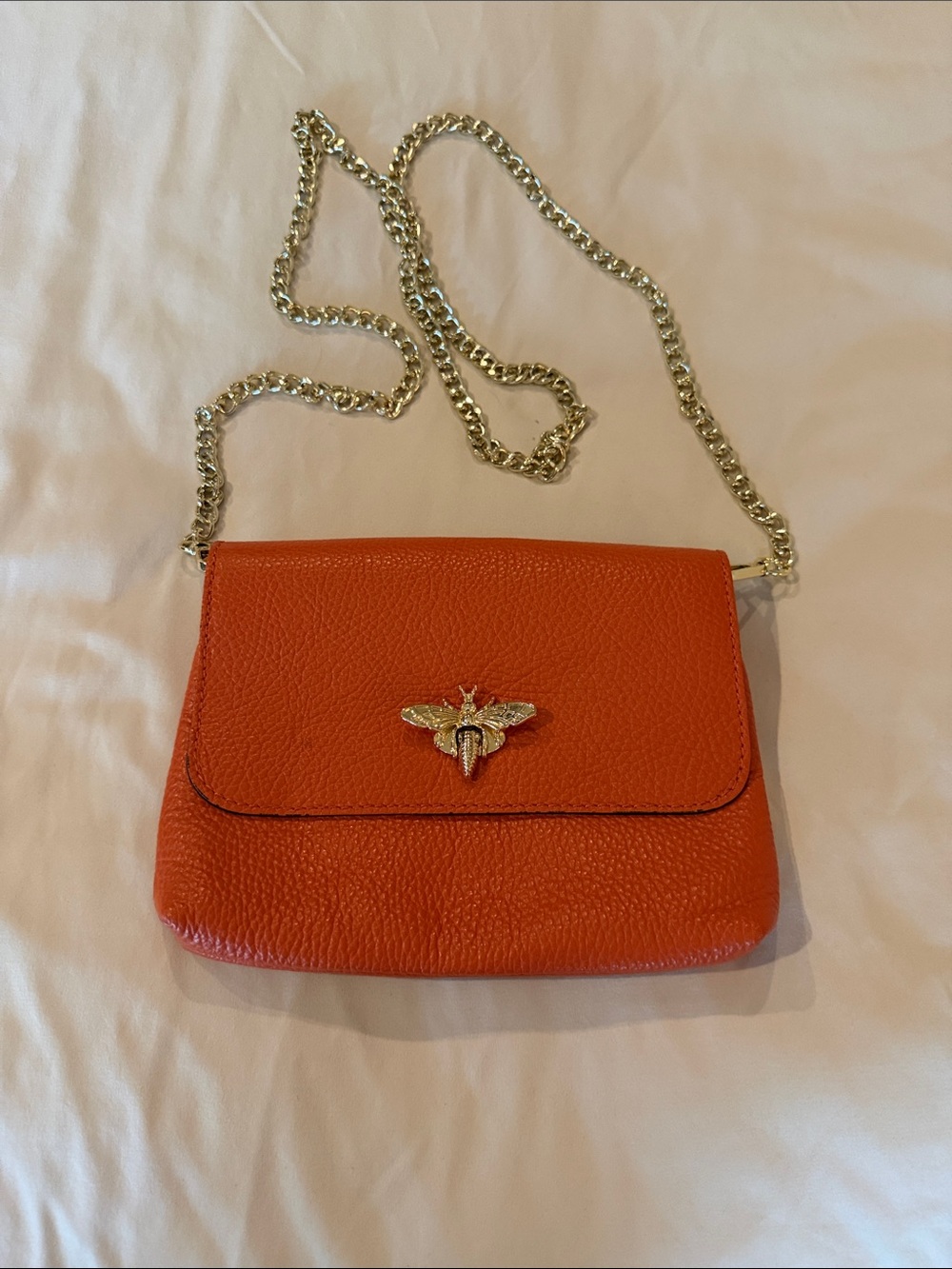 Compact Orange Leather Crossbody with Silver Chain and Bee Accent